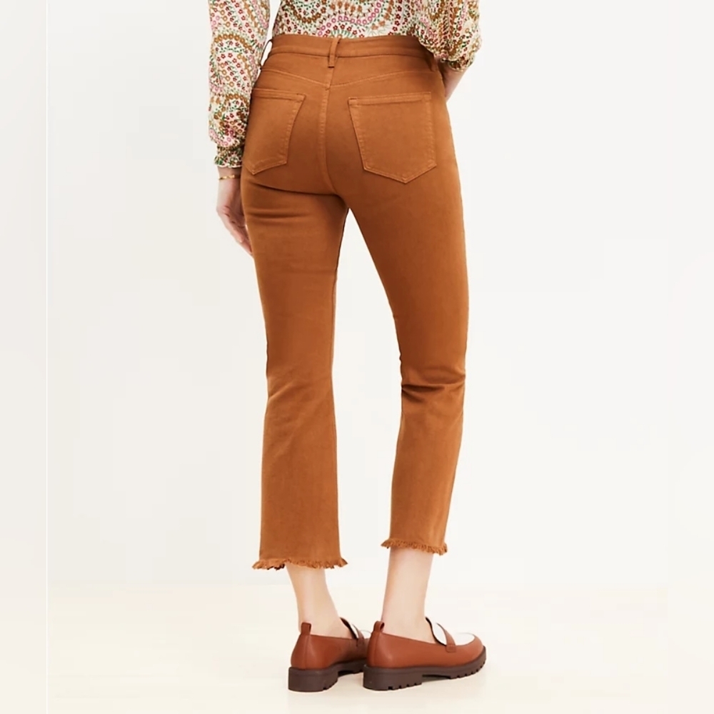 Loft Women's High Waist Flare Crop Fringy Hem Jeans Size 28 Orange Denim NEW NWT